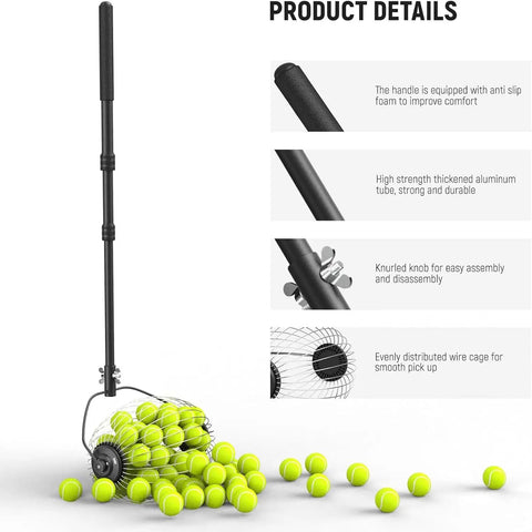 Tennis Ball Pickleball Roller Collector No Bending Over Quick Roll Up For 1.5 To 3 Inch Balls Telescopic 30 To 58 Inch Golf Ball Retriever Handles Up To 40 Balls TB01S with black handle and cage holding yellow balls