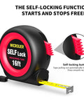16 Foot Self Locking Tape Measure with Steel Case showing self-locking button and tape measure detail