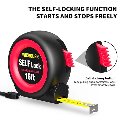 16 Foot Self Locking Tape Measure with Steel Case showing self-locking button and tape measure detail