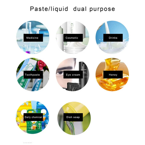 Image showcases various uses of No Fuss Heavy Duty Semi Automatic Liquid And Paste Bottle Filler With Precision Air Cylinder and Digital Fill Adjustment.