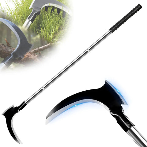 Beast Mode Double Head Sickle Weeding Tool Manual Weeder with curved and flat blades, detachable pole for garden use