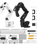 Six Axis AI Robotic Arm Kit With Open Source Imitation Learning, 12 High Torque Servo Motors, shown with accessories and parts.