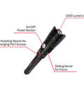 Beefy 1000 Lumen Rechargeable LED Tactical Flashlight With 1640 Feet Range Adjustable Beam Dual Modes XML Cree LEDs SL944 with labels