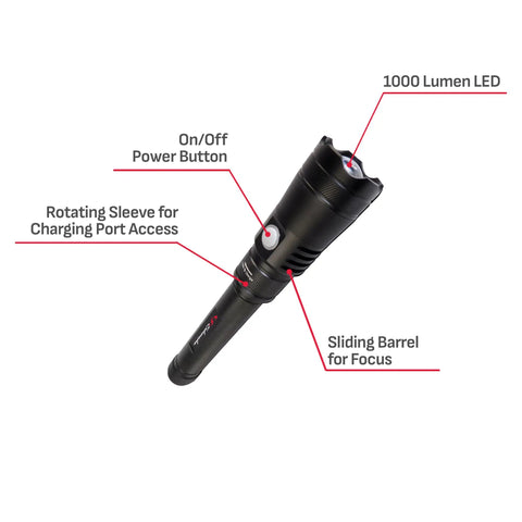 Beefy 1000 Lumen Rechargeable LED Tactical Flashlight With 1640 Feet Range Adjustable Beam Dual Modes XML Cree LEDs SL944 with labels