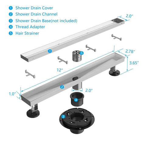Exploded view of 12 Inch Linear Shower Drain For Tile With Tile Insert Grate In Brushed Nickel 304 Stainless Steel 2 In 1 Shower Drain System.