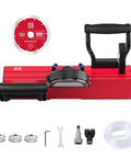 Portable Electric Tile Chamfering Machine, Workhorse Cordless Bevel Cutter, red body, dual cooling, with cutting accessories and hose.