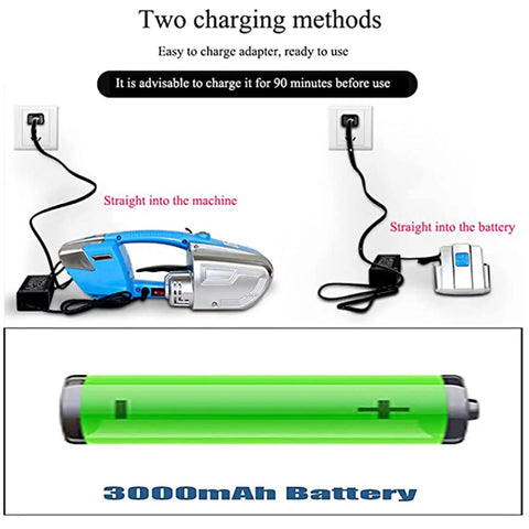 Upgrade Your Shipping Game With This Portable Electric Strapping Machine showing two charging methods and a 3000mAh battery.