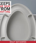 Sanborne Elongated Slow Close Toilet Seat With No Slip Bumpers Durable Comfort White Finish top view with text "Keeps the seat from shifting"