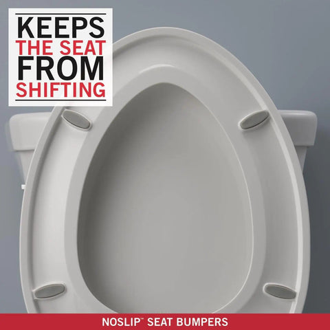 Sanborne Elongated Slow Close Toilet Seat With No Slip Bumpers Durable Comfort White Finish top view with text "Keeps the seat from shifting"
