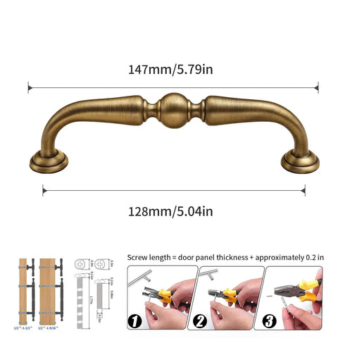 5.04 Inch Bronze Brass Cabinet Pulls Set Of 10 Vintage Style Handles For Cabinets Dresser Doors Drawers And Wardrobes Durable Die Cast Hardware With Warm Texture And Easy Grip showing length and installation guide.