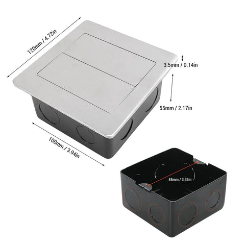 Flush Mounted Recessed Floor Outlet With Dual AC Outlets And Smooth Slide Cover Water Resistant Hidden Power Strip for easy plug access.