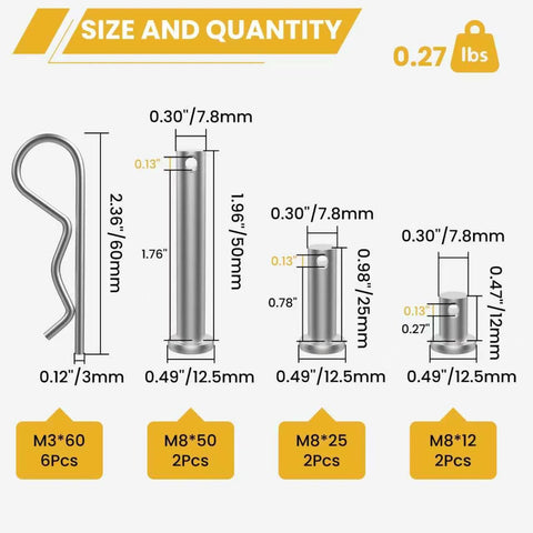 Beefy 12Pcs M8 Clevis Pins And M3 X 60Mm R Shape Cotter Clips Set In 304 Stainless Steel, includes size and weight details.