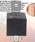 Black 4 Pin SPST 12V 40A car relay with copper coil detail, part of harness kit, text highlights copper coil performance.