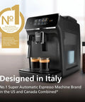 Fully Automatic Espresso Machine Crushing Your Morning Cravings With One Touch Brewing And Classic Milk Frother For Silky Cappuccinos Featuring Precision Ceramic Grinder And Sleek Black Touch Display showing two espresso shots.