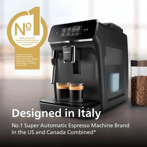 Fully Automatic Espresso Machine Crushing Your Morning Cravings With One Touch Brewing And Classic Milk Frother For Silky Cappuccinos Featuring Precision Ceramic Grinder And Sleek Black Touch Display showing two espresso shots.
