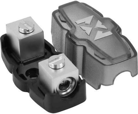 Badass Mini ANL And MANL Inline Fuse Holder For 4 And 8 Gauge Wire With Forged Brass Body And Satin Chrome Cap showing components.