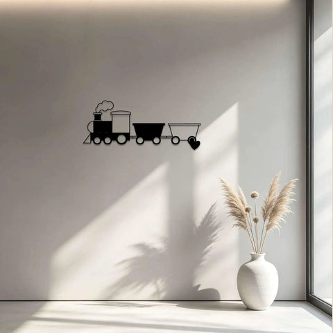Steam Locomotive Train Metal Wall Art Decor Industrial Vintage Rustic Wall Sculpture Black Finish 12 Inch on white wall