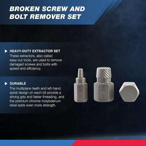 Heavy Duty Multispline Screw And Bolt Extractor Set For Stripped Fasteners, 25 Piece Pro Grade CrMo Kit For Easy Out And Broken Bolt Removal, From One Eighth Inch To Seven Eighths Inch Increments Of One Thirty Second Inch, Neiko 04204A display with product features