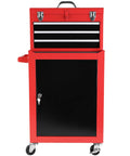 Hella Durable Three Drawer Rolling Tool Chest With Removable Top Box And Adjustable Cabinet Shelf Featuring Heavy Duty Door Hooks For Weekend Projects In Bold Red front view with three drawers and a cabinet.