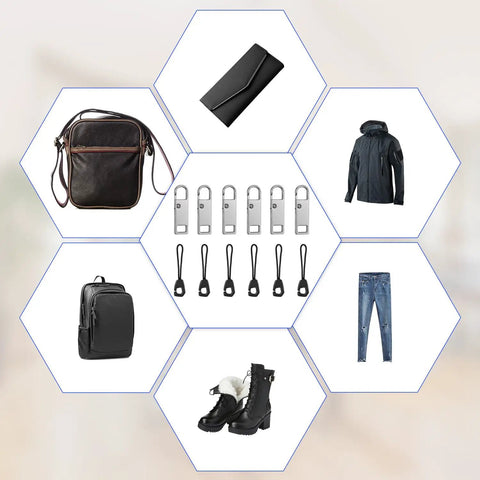 Detachable Metal Zipper Pull Replacement Kit With Six Heads And Six Extension Cords for backpacks, jackets, luggage, and boots