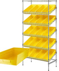 Kickass Industrial Grade Commercial Wire Shelving Rack With 20 Durable Polypropylene Bins And Smart Label Holders For Garage Workshop Organization Yellow, showing five shelf levels with yellow bins.