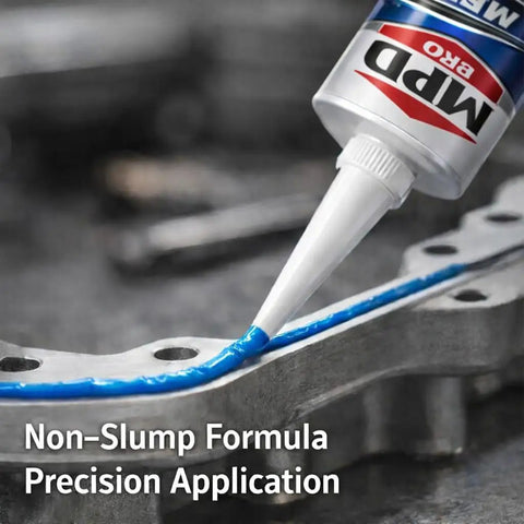 Blue High Temp RTV Gasket Maker Sealant for Valve Covers and Oil Pans, sensor safe, being applied to metallic flange.