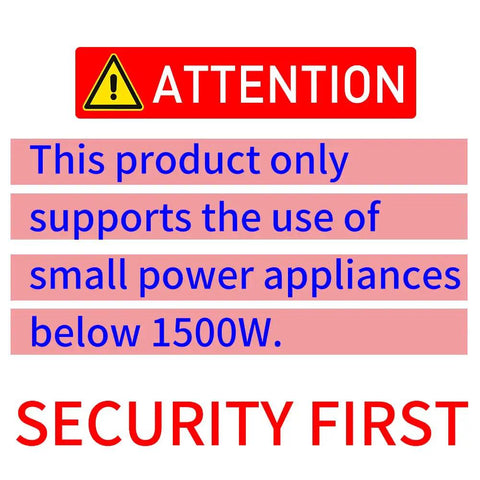 Attention sign indicating Beefy 3000W Voltage Transformer only supports appliances below 1500W for security