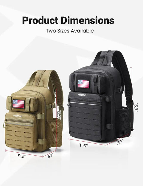 Two All In One Fishing Backpack Tackle Bags, khaki and black, with rod holders, MOLLE system, and dimensions displayed.
