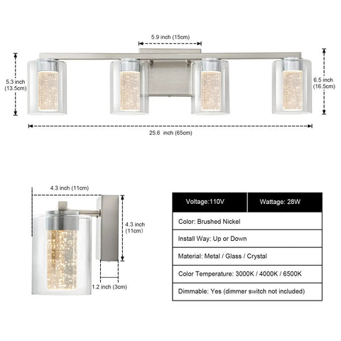 4 Light Brushed Nickel Vanity Light With 3 Color Modes 3000K 4000K 6500K Dimmable LED Bathroom Fixture diagram and dimensions