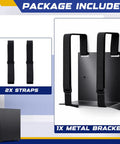 Universal PC Wall Mount Rock Solid Metal Support Bracket For Desktop Towers And CPUs, featuring 2 adjustable straps and a sturdy metal bracket.