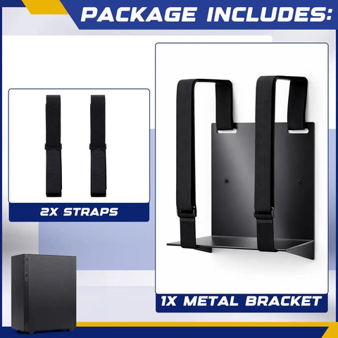 Universal PC Wall Mount Rock Solid Metal Support Bracket For Desktop Towers And CPUs, featuring 2 adjustable straps and a sturdy metal bracket.