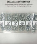 Kick Your Car Maintenance Up A Notch With This Massive 260 Piece Hydraulic Grease Fitting Kit Featuring Galvanized Iron Nipples For Bearings And Assemblies In Straight 90 Degree And 45 Degree Angles. Grease assortment kit in plastic case with labeled sizes