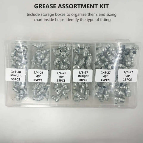 Kick Your Car Maintenance Up A Notch With This Massive 260 Piece Hydraulic Grease Fitting Kit Featuring Galvanized Iron Nipples For Bearings And Assemblies In Straight 90 Degree And 45 Degree Angles. Grease assortment kit in plastic case with labeled sizes