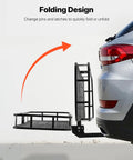 Foldable Hitch Carrier 60x24x6 Inch With 500lb Capacity attached to SUV, demonstrating folding mechanism
