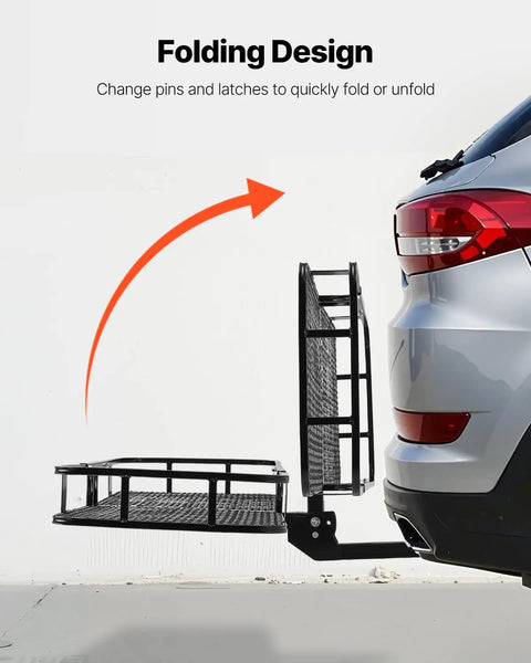 Foldable Hitch Carrier 60x24x6 Inch With 500lb Capacity attached to SUV, demonstrating folding mechanism