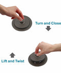 Universal Lift And Turn Tub Drain Kit With Overflow Faceplate in use, illustrating turn and close, lift and twist mechanism.
