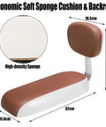 Kids Bicycle Back Seat Cushion With Armsrest And Backrest, brown plush cover, ergonomic soft sponge, shown with dimensions