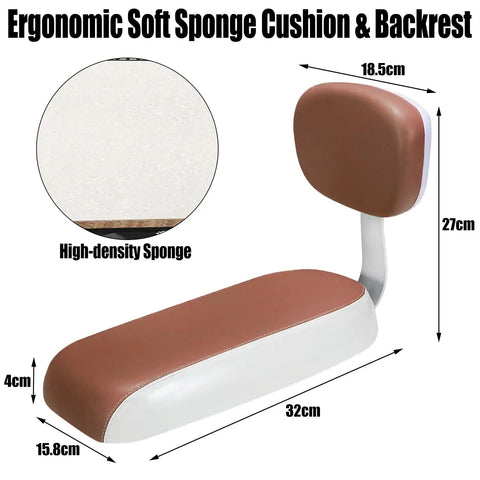 Kids Bicycle Back Seat Cushion With Armsrest And Backrest, brown plush cover, ergonomic soft sponge, shown with dimensions