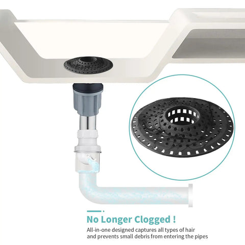 Super Slick Silicone Bathtub Drain Hair Catcher And Shower Guard That Snags Hair And Tiny Toys To Stop Drain Headaches Cold And Keep Your Home Plumbing Running Legit, shown in black under a tub drain.