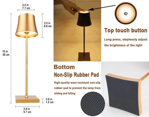 Rechargeable Cordless LED Table Lamp With 5200mAh Battery, All Aluminum Body, IP54 Waterproof, cozy warm glow, touch dimming, details