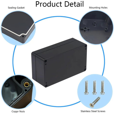 Heavy Duty 2 Pack Project Box IP65 Waterproof Junction Case Solid Abs Plastic Housing Kit For Electronics Wiring Diy Projects Real Deal Black Finish showcasing sealing gasket, mounting holes, copper nuts, and stainless steel screws.