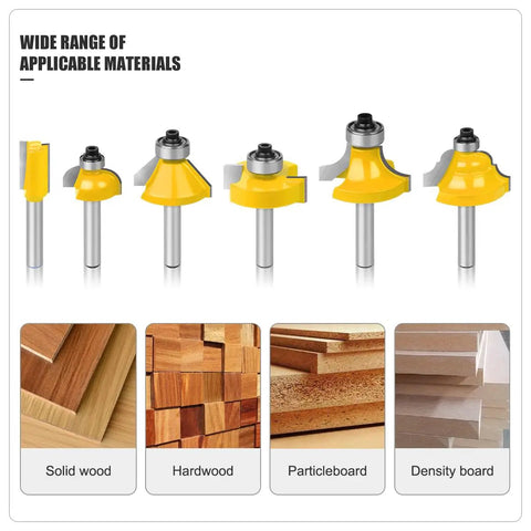 Badass 35 Piece Router Bit Set Offering Rock Solid Quarter Inch Shank Construction Premium Tungsten Carbide Tips displayed for woodworking.