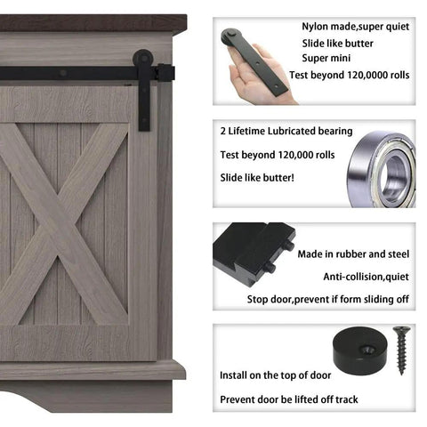 Wooden sliding door with Super Mini Barn Door Hardware Kit for Sliding Double Doors No Fuss Install with I Shape Hanger, 100 Lb Capacity, shown installed on TV stand.