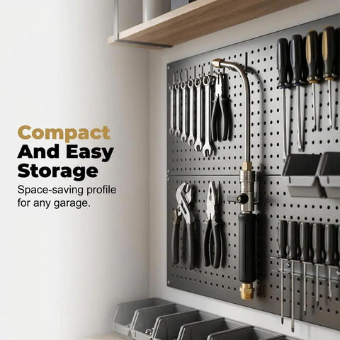 Heavy Duty High Pressure Washer Wand With Hydro Jet Power Spray Attachment on garage pegboard, surrounded by tools.