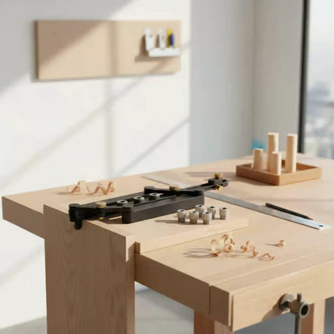 Rock Solid Aluminum Dowel Jig Kit With Adjustable Precision Sleeves For No Fuss Furniture Assembly on a woodworking table.