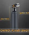Big Double Flame Butane Torch With Adjustable Regulator Dial Refillable Industrial Blow Torch shown with ignition and gas valve