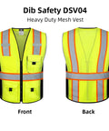 Built Tough Heavy Duty Reflective Safety Vest With 3M Tape And Reinforced Stitching Breathable Yellow Mesh Hella Visible For Construction Crews And Surveyors Zippered Front With Utility Pockets Xl, shown from front and back.