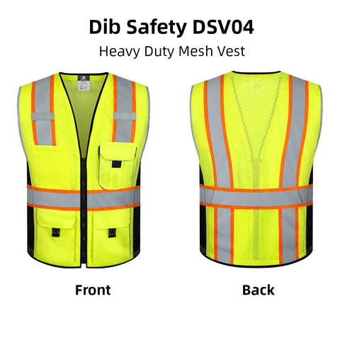 Built Tough Heavy Duty Reflective Safety Vest With 3M Tape And Reinforced Stitching Breathable Yellow Mesh Hella Visible For Construction Crews And Surveyors Zippered Front With Utility Pockets Xl, shown from front and back.