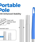 Close-up view of 57 Inch Telescopic Pool Skimmer Net With Aluminum Pole Leaf Rake For Fast Cleaning Of Pools Ponds Hot Tubs And Spas Must Have Durable Yet Lightweight 4 Section Extendable Pole Easy Handling And Debris Pickup aluminum pole sections with blue handle and steel nails.