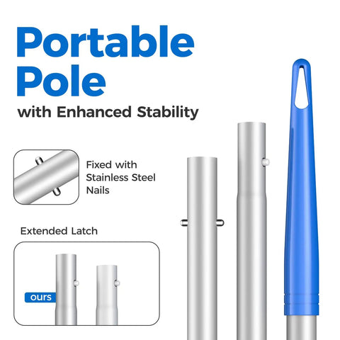 Close-up view of 57 Inch Telescopic Pool Skimmer Net With Aluminum Pole Leaf Rake For Fast Cleaning Of Pools Ponds Hot Tubs And Spas Must Have Durable Yet Lightweight 4 Section Extendable Pole Easy Handling And Debris Pickup aluminum pole sections with blue handle and steel nails.